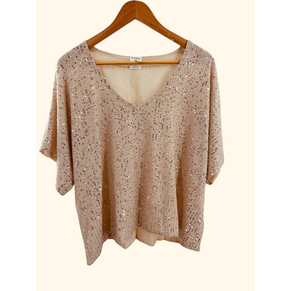 By Together Women's Sequined Top Short Sleeve V-Neck Party Clubwear Beige Size S